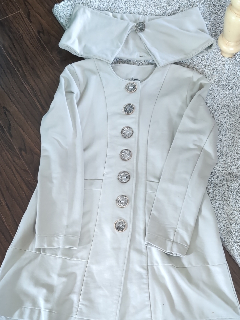Neon Buddha Light Taupe Button-Front Long Coat with Fancy Buttons And Collar